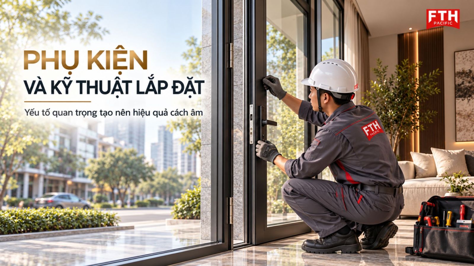 Kỹ thuật viên FTH PACIFIC kiểm tra phụ kiện và độ kín khi lắp đặt cửa nhôm kính